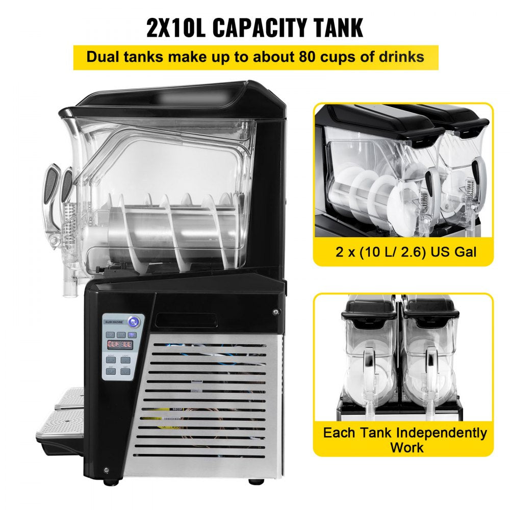 110V Slushy Machine 20L Double Bowl  Frozen Drink Maker 900W Automatic Clean Day and Night Modes for Supermarkets Cafes Restaurants Snack Bars Commercial Use
