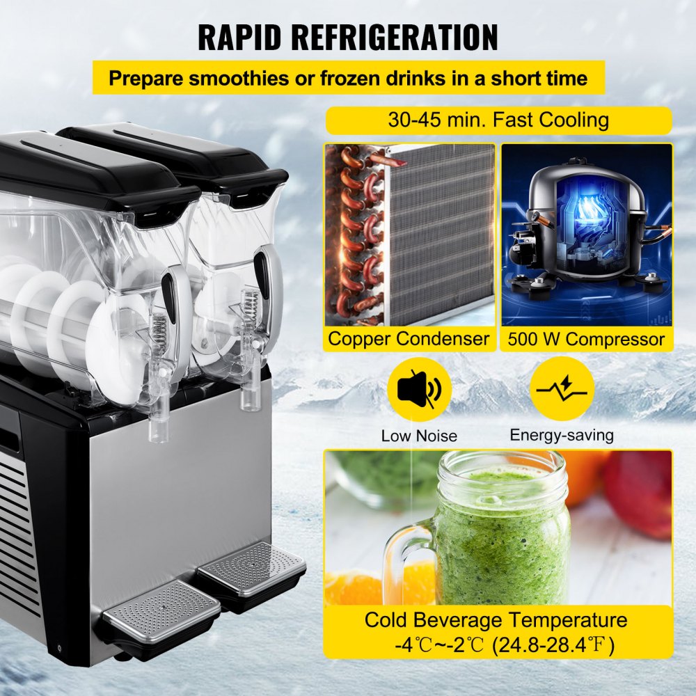 110V Slushy Machine 20L Double Bowl  Frozen Drink Maker 900W Automatic Clean Day and Night Modes for Supermarkets Cafes Restaurants Snack Bars Commercial Use
