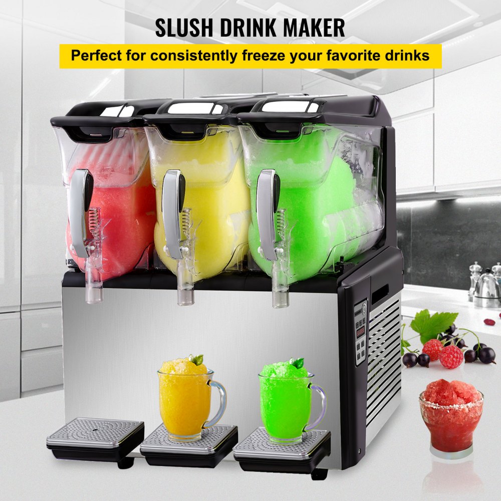 110V Slushy Machine 30L Triple Bowl Margarita Frozen Drink Maker 800W Automatic Clean Day and Night Modes for Supermarkets Cafes Restaurants Snack Bars Commercial Use