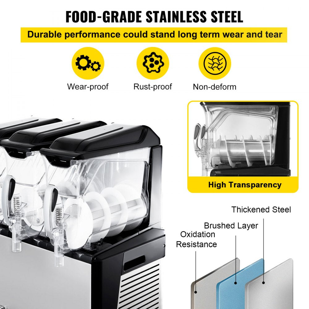 110V Slushy Machine 30L Triple Bowl Margarita Frozen Drink Maker 800W Automatic Clean Day and Night Modes for Supermarkets Cafes Restaurants Snack Bars Commercial Use