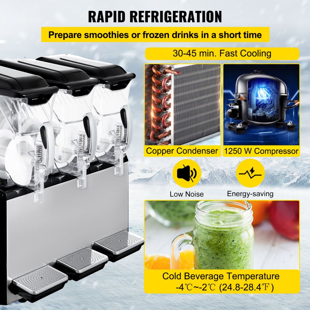110V Slushy Machine 30L Triple Bowl Margarita Frozen Drink Maker 800W Automatic Clean Day and Night Modes for Supermarkets Cafes Restaurants Snack Bars Commercial Use