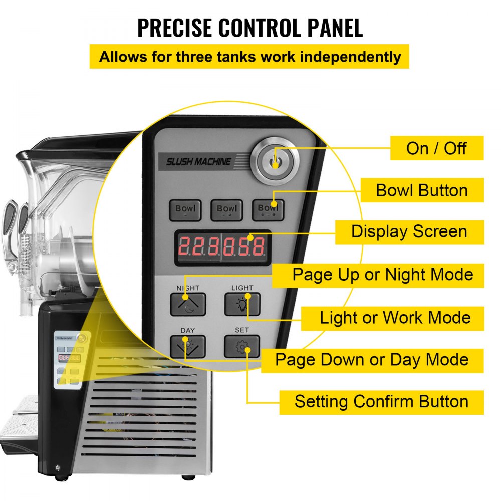 110V Slushy Machine 30L Triple Bowl Margarita Frozen Drink Maker 800W Automatic Clean Day and Night Modes for Supermarkets Cafes Restaurants Snack Bars Commercial Use