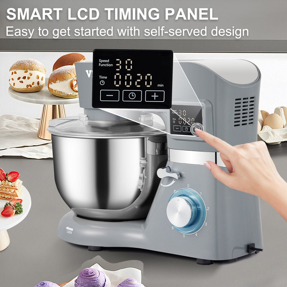 Stand Mixer, 660W Electric Dough Mixer with 6 Speeds LCD Screen Timing, Tilt-Head Food Mixer with 5.8 Qt Stainless Steel Bowl, Dough Hook, Flat Beater, Whisk, Scraper, Splash-Proof Cover - Gray