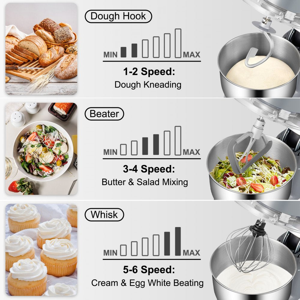 Stand Mixer, 660W Electric Dough Mixer with 6 Speeds LCD Screen Timing, Tilt-Head Food Mixer with 5.8 Qt Stainless Steel Bowl, Dough Hook, Flat Beater, Whisk, Scraper, Splash-Proof Cover - Gray