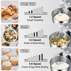 Stand Mixer, 660W Electric Dough Mixer with 6 Speeds LCD Screen Timing, Tilt-Head Food Mixer with 5.8 Qt Stainless Steel Bowl, Dough Hook, Flat Beater, Whisk, Scraper, Splash-Proof Cover - Gray