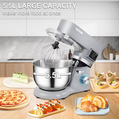 Stand Mixer, 660W Electric Dough Mixer with 6 Speeds LCD Screen Timing, Tilt-Head Food Mixer with 5.8 Qt Stainless Steel Bowl, Dough Hook, Flat Beater, Whisk, Scraper, Splash-Proof Cover - Gray