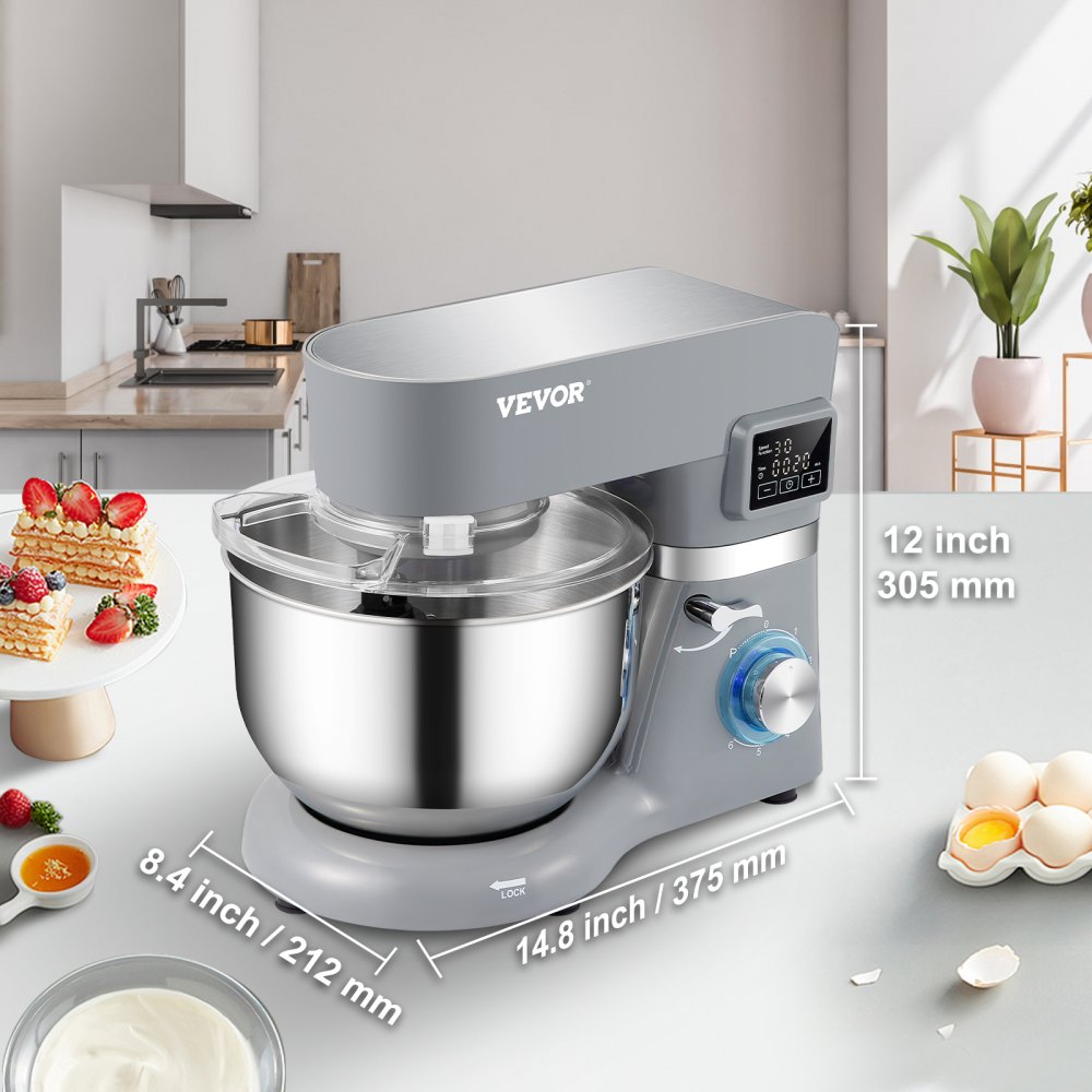 Stand Mixer, 660W Electric Dough Mixer with 6 Speeds LCD Screen Timing, Tilt-Head Food Mixer with 5.8 Qt Stainless Steel Bowl, Dough Hook, Flat Beater, Whisk, Scraper, Splash-Proof Cover - Gray