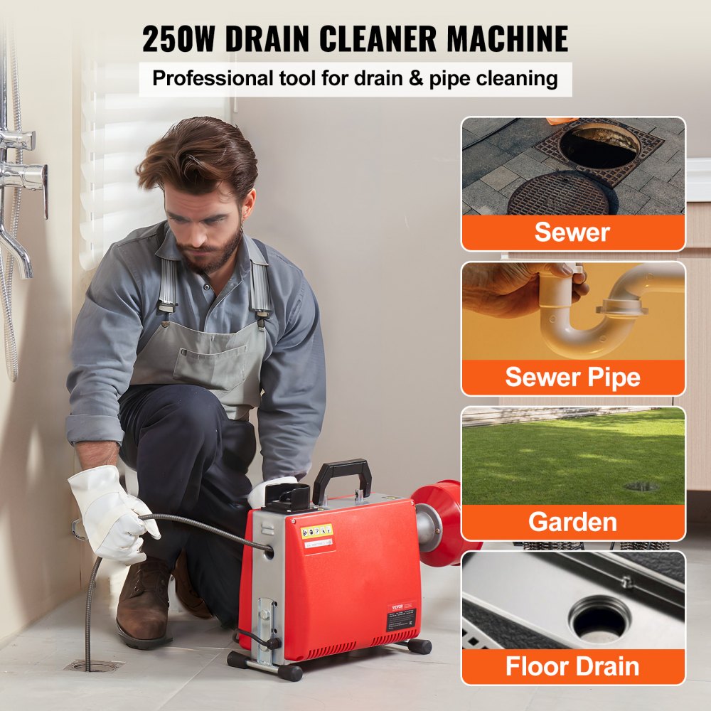 Bostome 250W drain cleaner machine with 66FT steel cable and seven quick-change cutters.