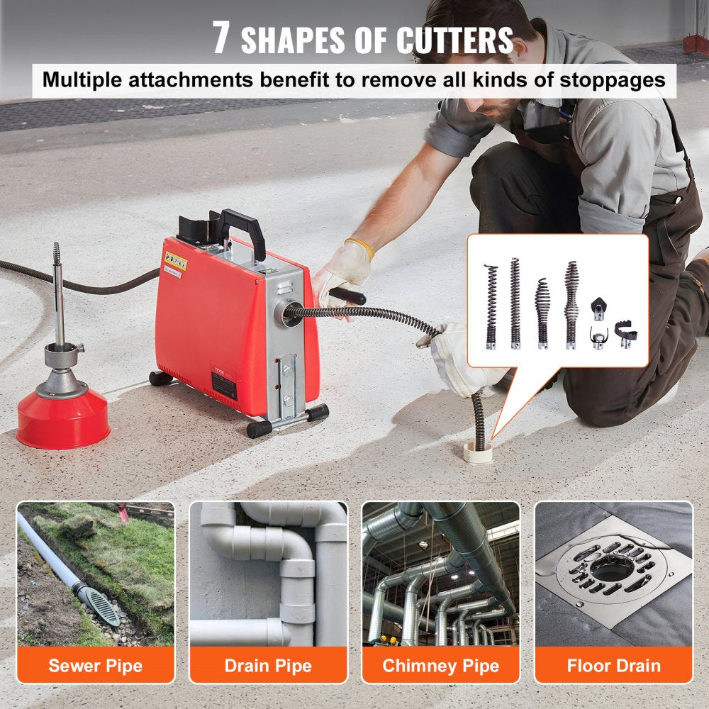 Bostome 250W drain cleaner machine with 66FT steel cable and 7 quick-change cutters.