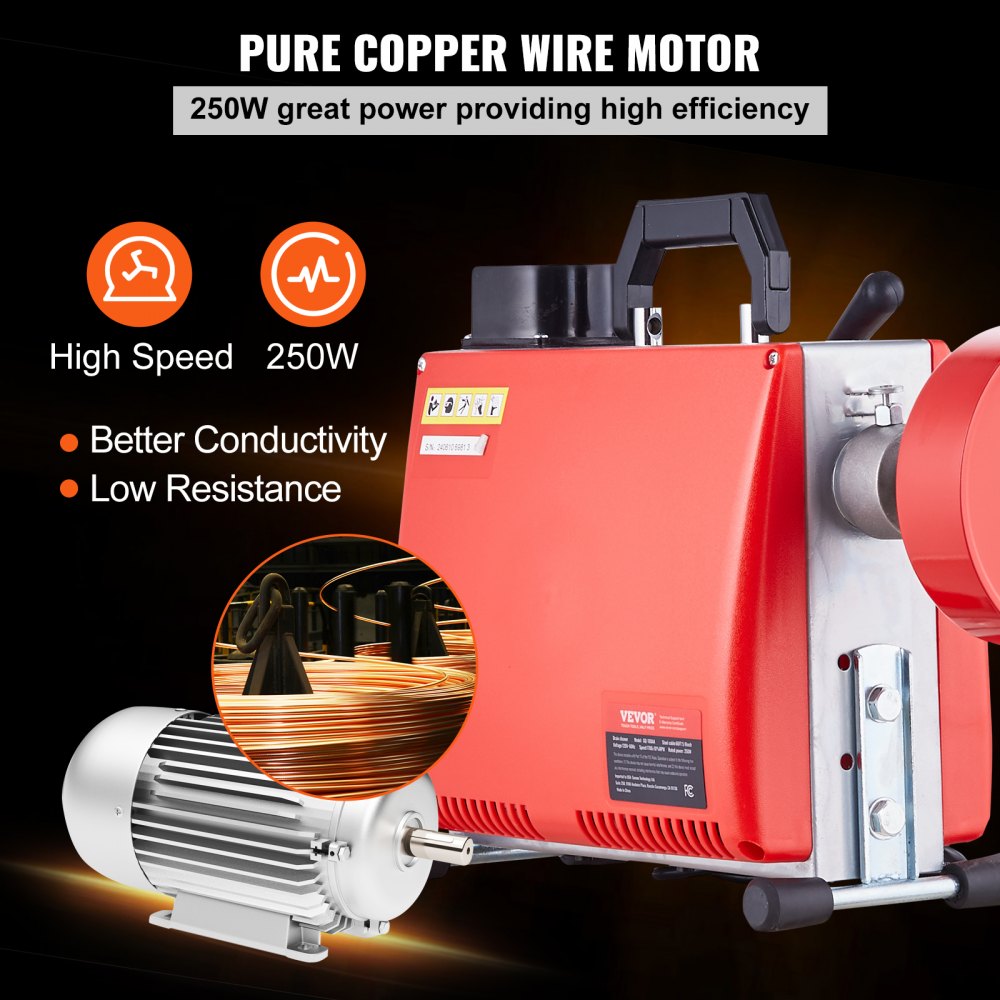 Bostome 250W drain cleaner machine with 66FT steel cable and manual feeding control.