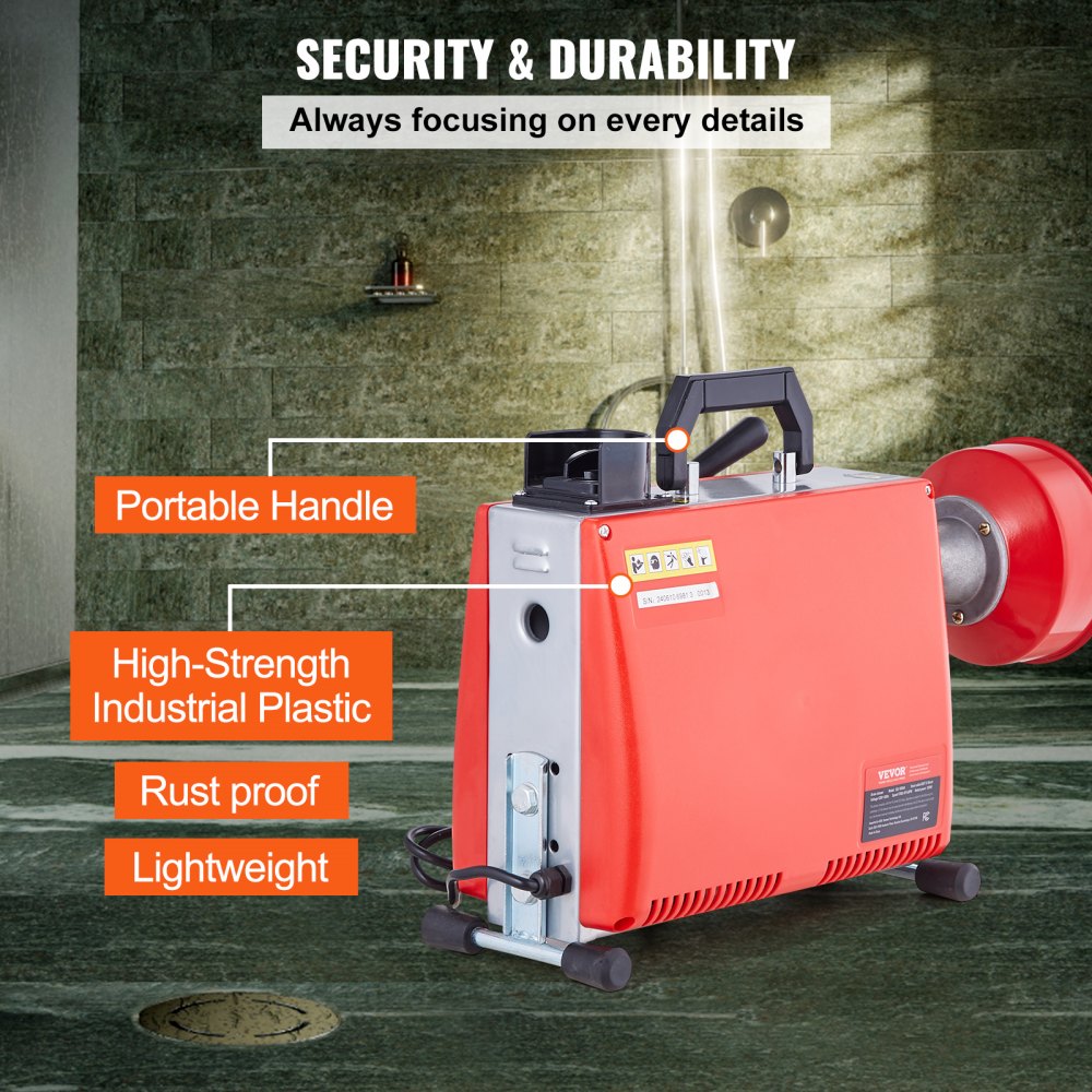 Bostome 250W drain cleaner machine with a 66FT steel cable and seven quick-change cutters.