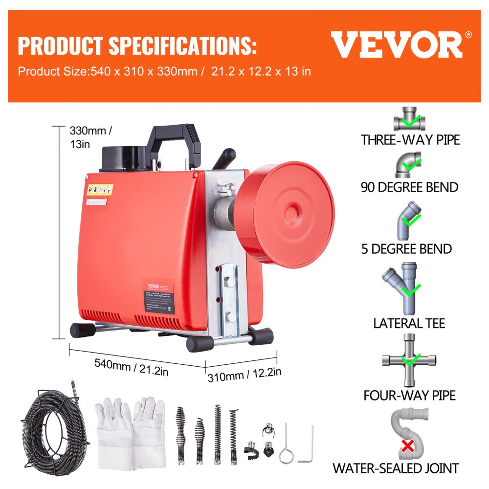 Bostome 250W drain cleaner machine with 66FT steel cable and manual feeding control.