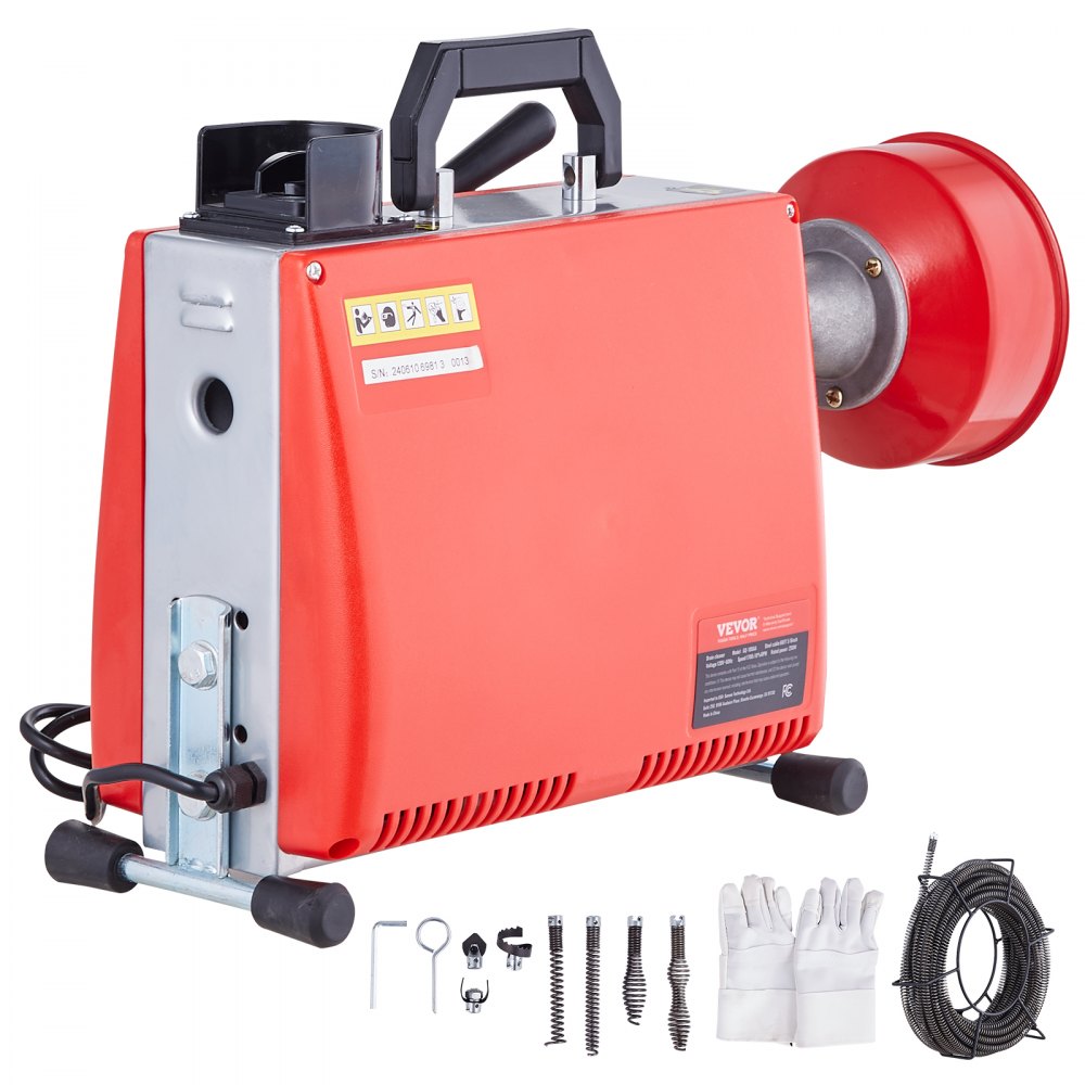 Bostome 250W drain cleaner machine with 66FT steel cable and multiple quick-change cutters.