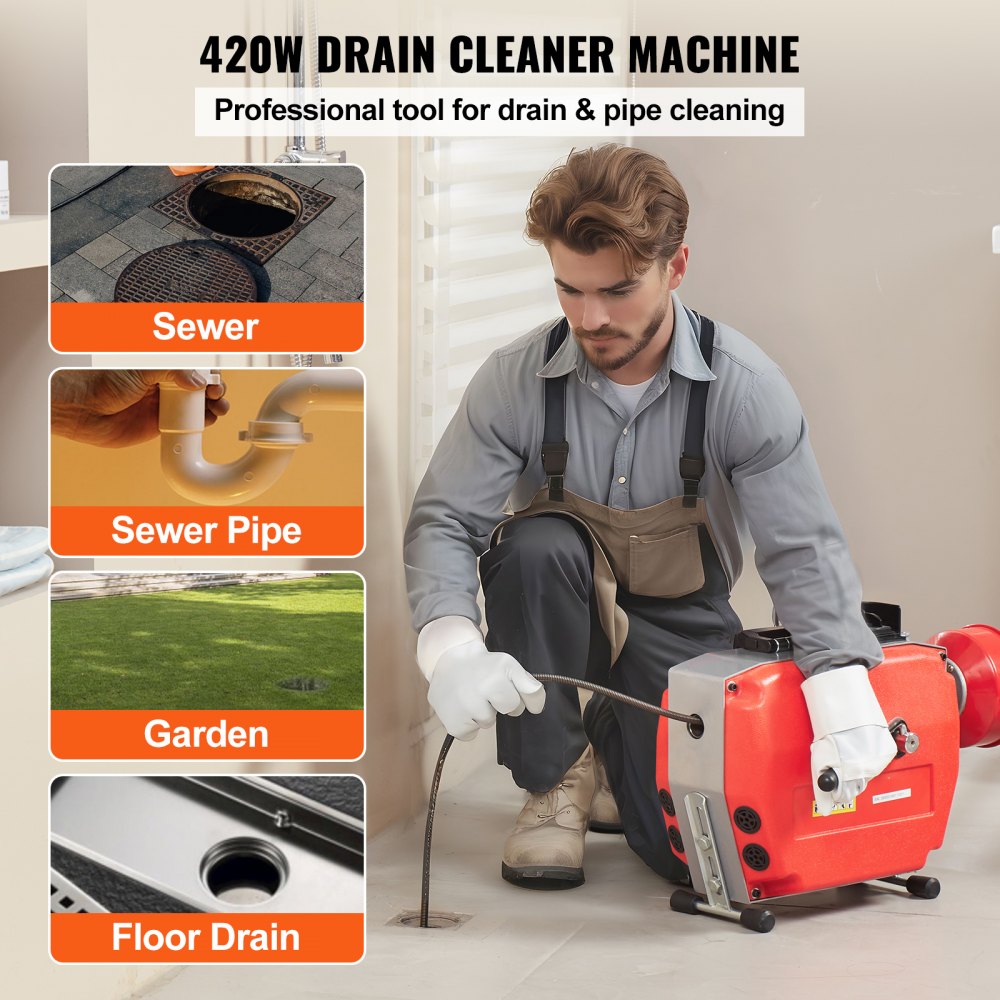 Bostome 120FT drain cleaner machine with 420W motor and manual feed control for pipe clearing.