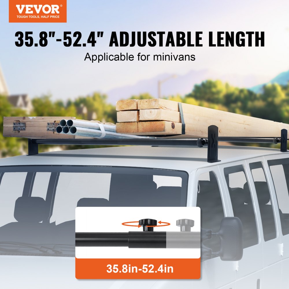 Van Roof Ladder Rack, 2 Bars Alloy Steel Roof Racks, 500 LBS Capacity Rain-Gutter Roof Rack, Adjustable Length 35.8"-57.5", Van Ladder Rack Compatible with Chevrolet Express, GMC Savana, etc