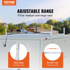 Van Roof Ladder Rack, 2 Bars Aluminum Alloy Roof Ladder Racks, 400 LBS Capacity Rain-Gutter Van Roof Rack, Adjustable Length 51.2" to 81.1", Van Ladder Rack for Van, Cargo, Trailer