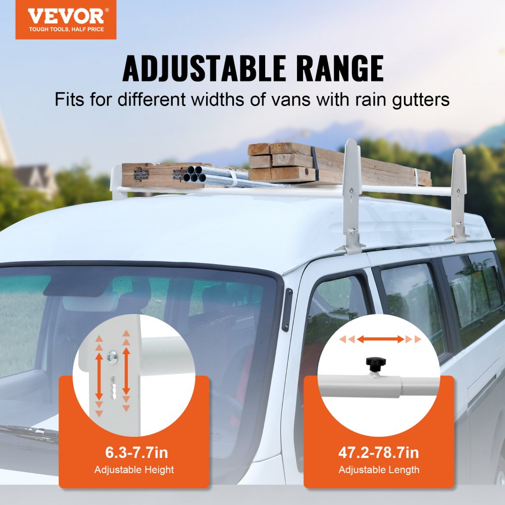 Van Roof Ladder Rack, 2 Bar Alloy Steel Ladder Racks, Adjustable from 47.2"-78.7", 500 lbs Capacity, Roof Rack Compatible with Full-size Vans with Rain Gutter, Chevrolet Express, GMC Savana, etc