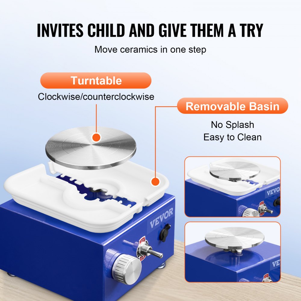 Blue Bostome mini pottery wheel for kids with silver turntable, removable white basin, and speed control knob.