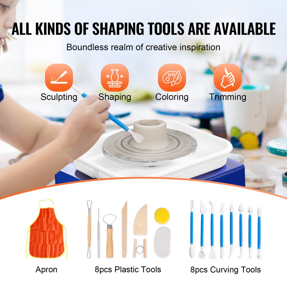 Blue Bostome mini pottery wheel with dual turntables and 17-piece toolkit for kids beginners.