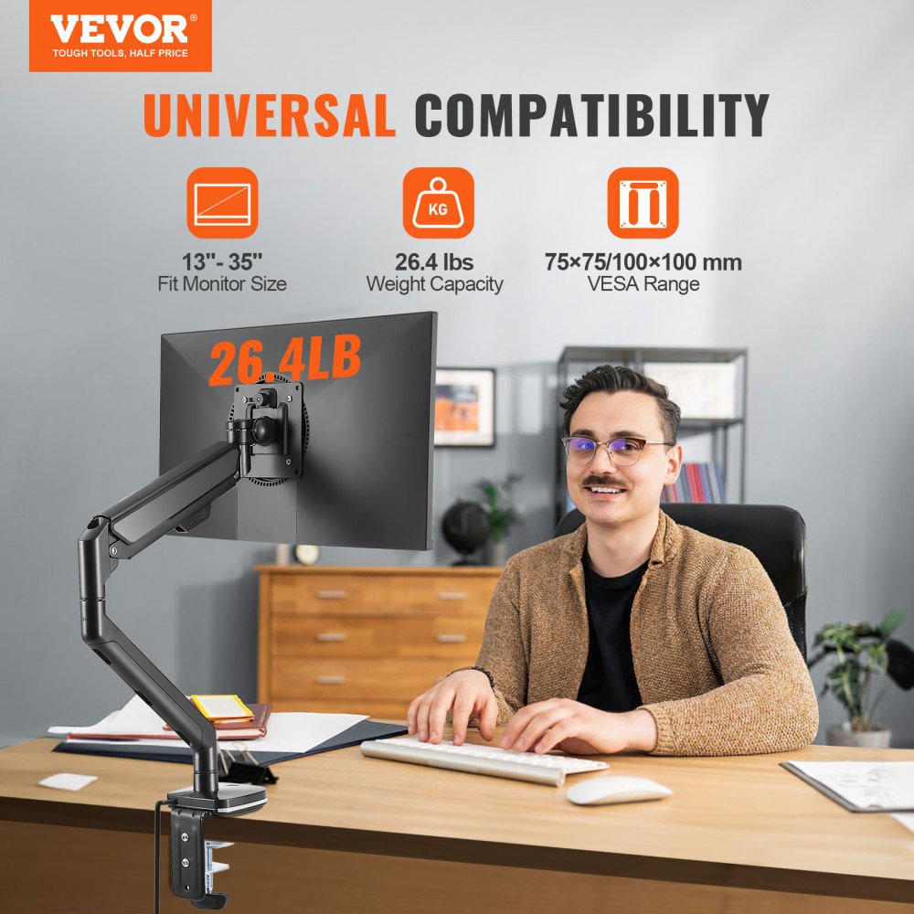 Single Monitor Mount with USB, Supports 13"-35" Screen, Adjustable Gas Spring Monitor Arm, Holds up to 26.4 lbs, Monitor Arm Desk Mount with C-Clamp/Grommet Mounting Base, VESA Mount 75/100mm