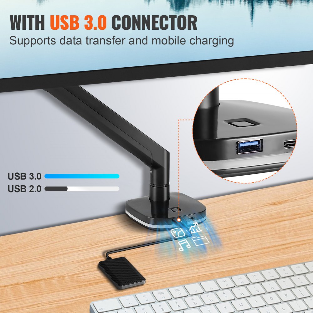Single Monitor Mount with USB, Supports 13"-35" Screen, Adjustable Gas Spring Monitor Arm, Holds up to 26.4 lbs, Monitor Arm Desk Mount with C-Clamp/Grommet Mounting Base, VESA Mount 75/100mm