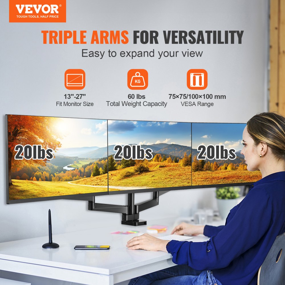 Triple Monitor Mount, Supports 13"-27" Screens, Fully Adjustable Gas Spring Monitor Arm, Holds up to 20 lbs per Arm, Triple Monitor Stand with C-Clamp/Grommet Mounting Base, VESA Mount 75/100 mm