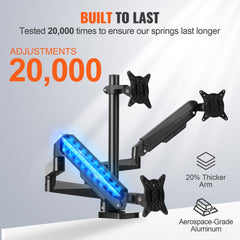 Triple Monitor Mount, Supports 13"-27" Screens, Fully Adjustable Gas Spring Monitor Arm, Holds up to 20 lbs per Arm, Triple Monitor Stand with C-Clamp/Grommet Mounting Base, VESA Mount 75/100 mm