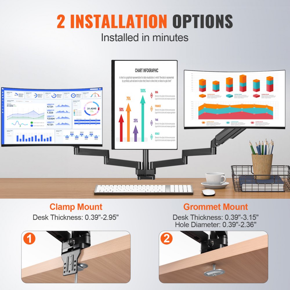 Triple Monitor Mount, Supports 13"-27" Screens, Fully Adjustable Gas Spring Monitor Arm, Holds up to 20 lbs per Arm, Triple Monitor Stand with C-Clamp/Grommet Mounting Base, VESA Mount 75/100 mm