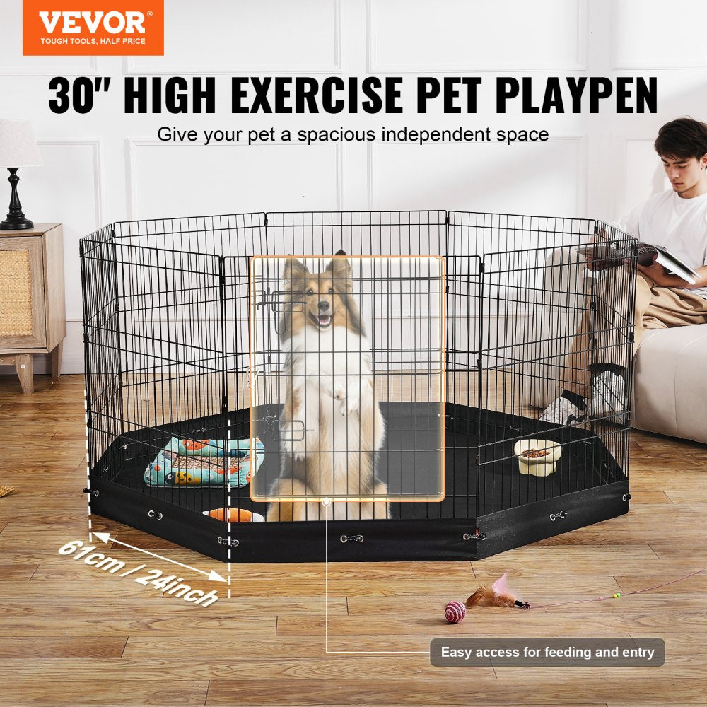 Black 8-panel foldable metal dog playpen with waterproof pad and a dog inside on wooden floor
