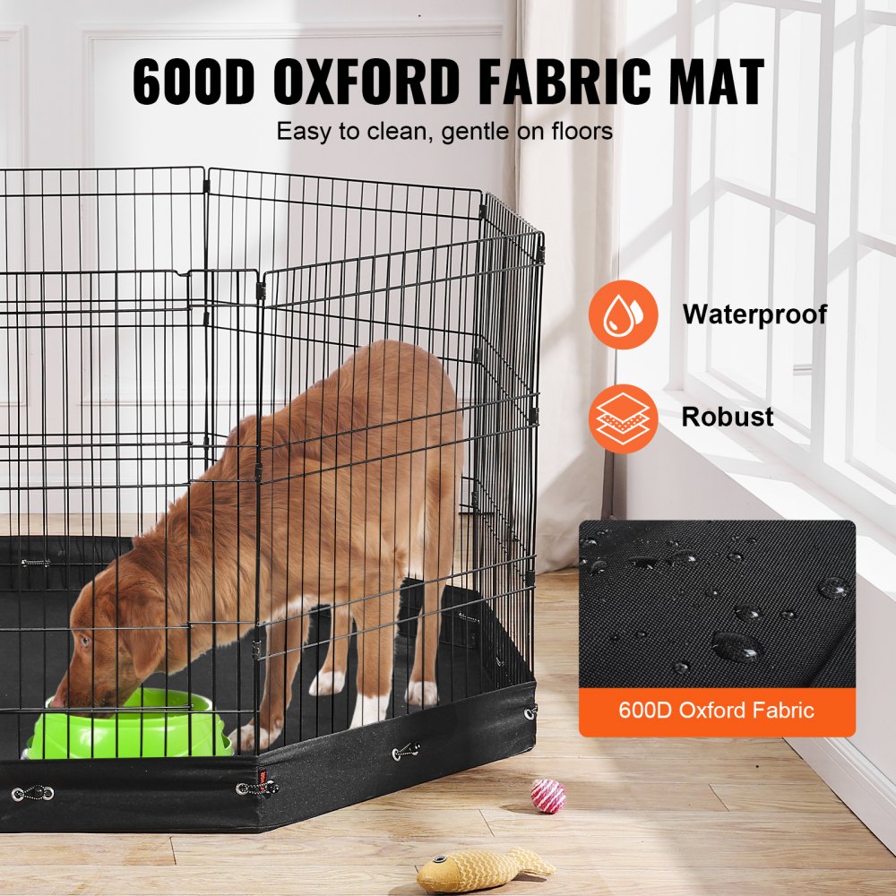 Foldable 8-panel metal dog playpen with 30in waterproof Oxford fabric pad and secure latches.