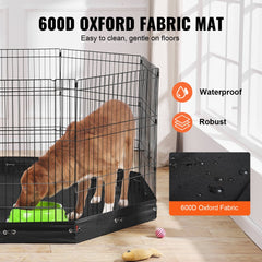 Foldable 8-panel metal dog playpen with 30in waterproof Oxford fabric pad and secure latches.