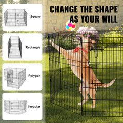 Black 8-panel foldable metal dog playpen with waterproof pad and secure latches.