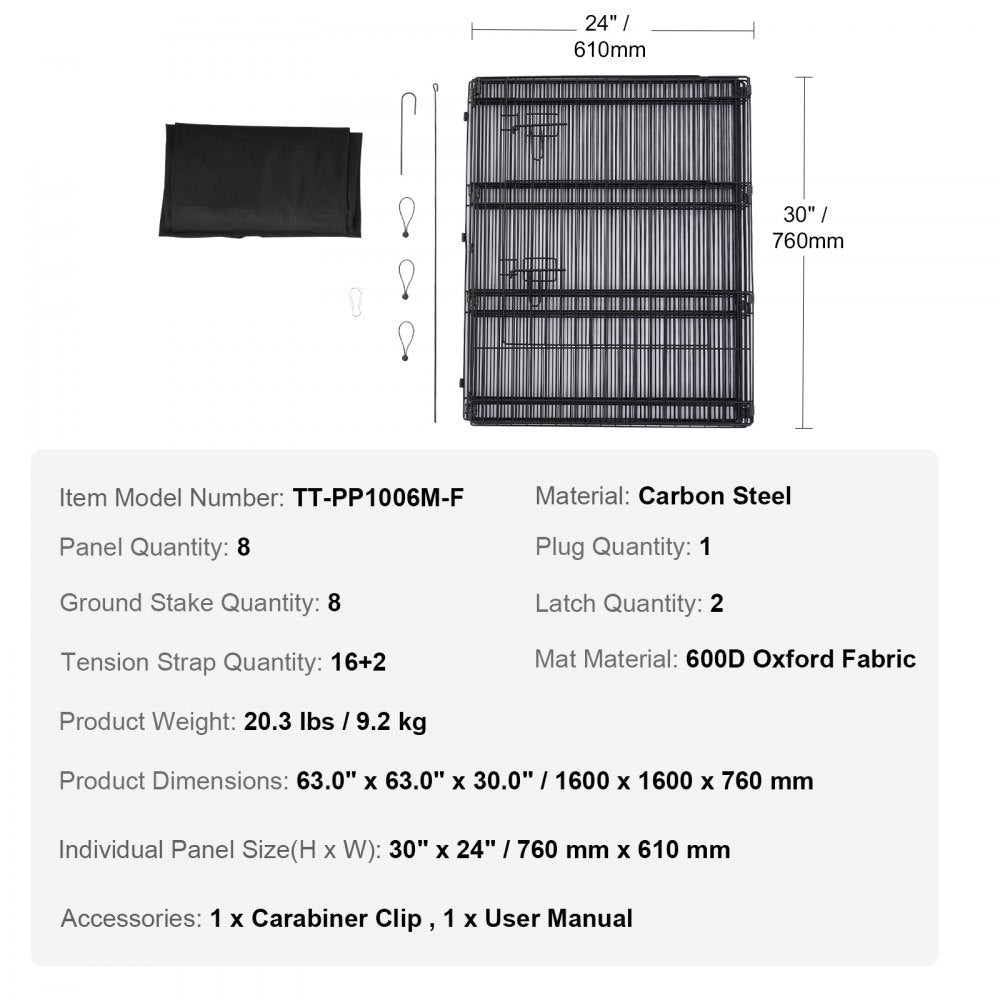 Foldable 8-panel metal dog playpen with waterproof Oxford fabric pad and secure latches.