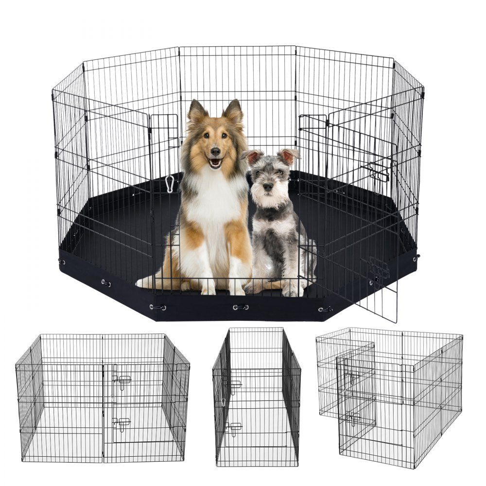 8-panel foldable metal dog playpen with waterproof pad and dual latches, 30 inches high
