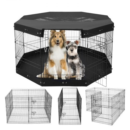 A foldable metal dog playpen with eight panels, dual latched doors, and a waterproof base mat.