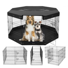 A foldable metal dog playpen with eight panels, dual latched doors, and a waterproof base mat.