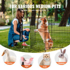30-inch tall, 8-panel foldable metal dog playpen with a waterproof base mat and UV cover.