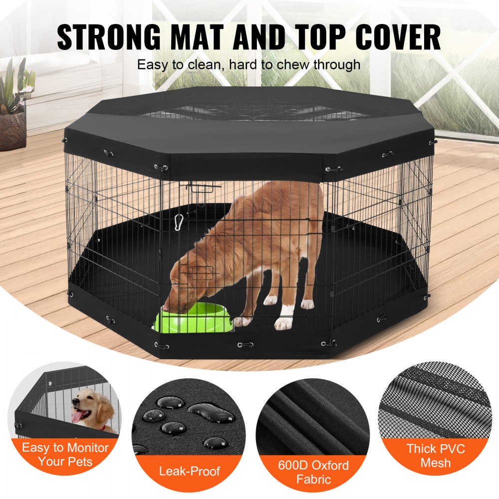 A foldable 8-panel metal dog playpen with a waterproof base and UV-protective cover.