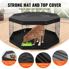 A foldable 8-panel metal dog playpen with a waterproof base and UV-protective cover.
