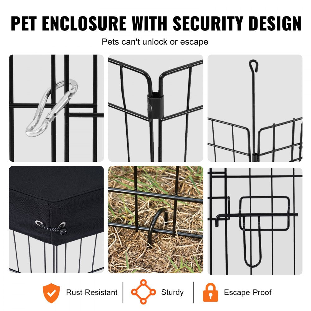 Metal dog playpen with 8 panels, dual latched doors, and a waterproof base mat.