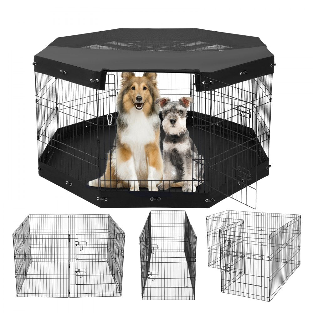 30-inch high foldable metal dog playpen with 8 panels and dual latched doors for secure containment.