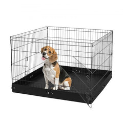A beagle sits inside a black 4-panel foldable metal dog playpen with a padded floor, measuring 36 inches square.