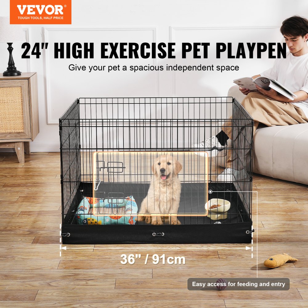 A 36-inch square, 4-panel foldable metal dog playpen with a waterproof pad and a golden retriever puppy inside.