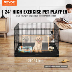 A 36-inch square, 4-panel foldable metal dog playpen with a waterproof pad and a golden retriever puppy inside.