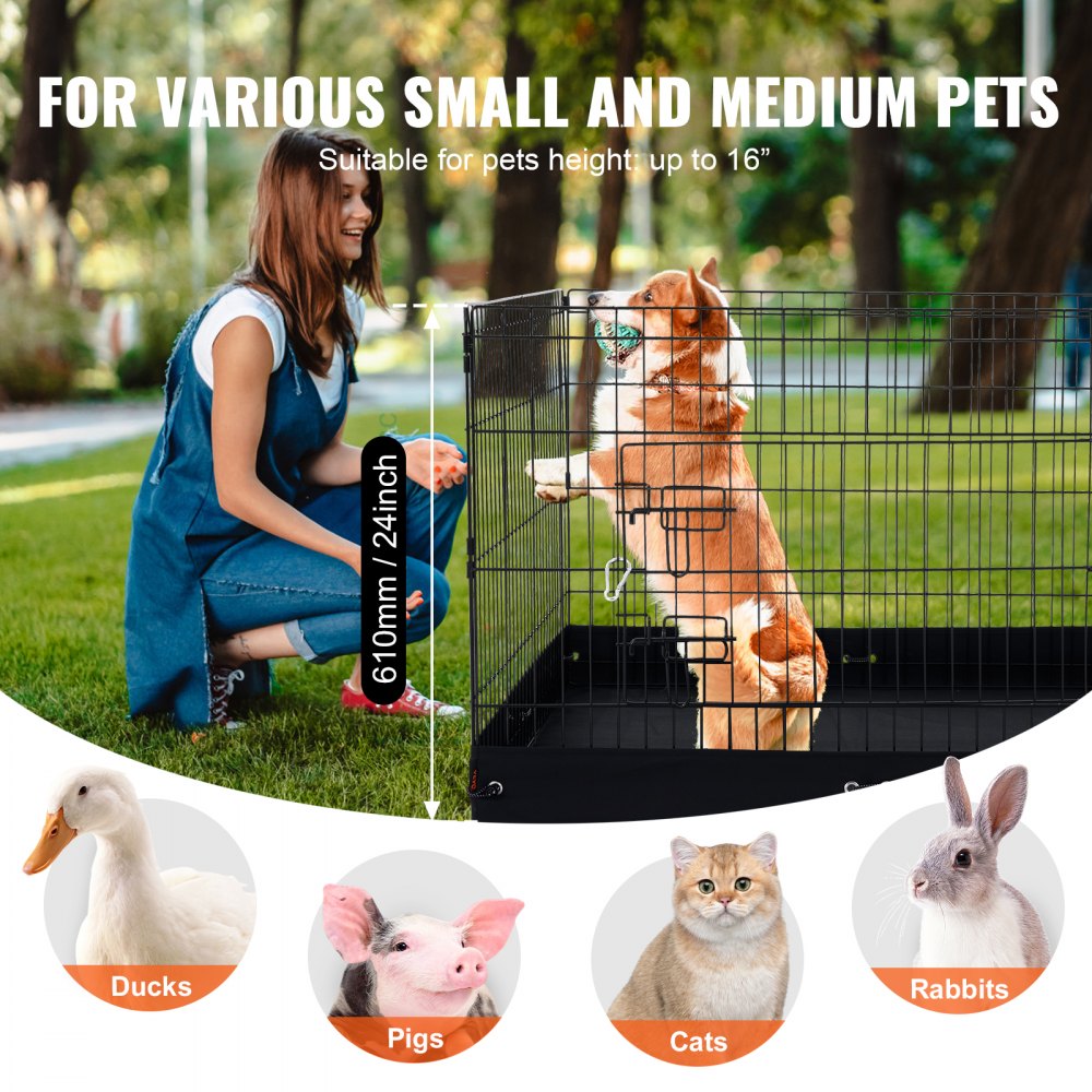 A woman kneels next to a black 4-panel metal dog playpen with a pad, measuring 36 inches square and 24 inches high, suitable for small to medium pets like dogs, cats, rabbits, ducks, and pigs.