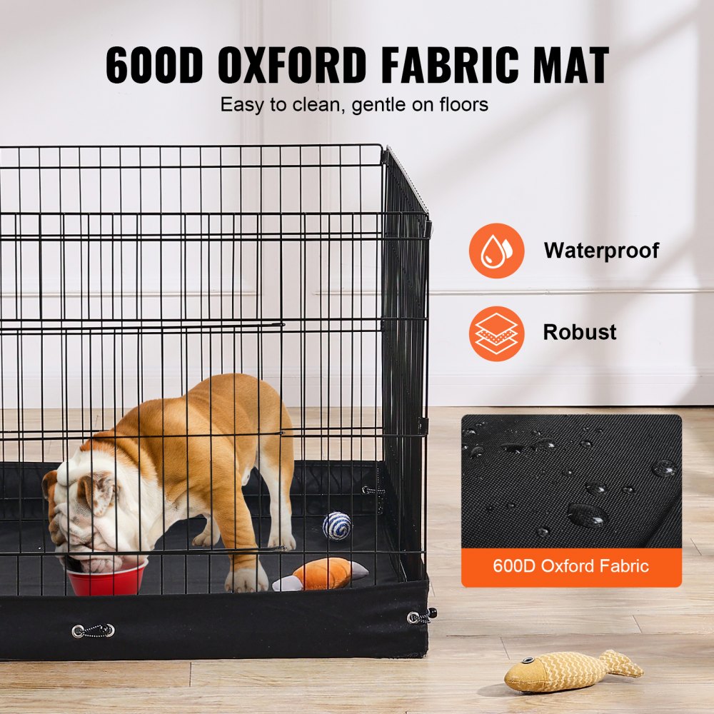A 36-inch foldable metal dog playpen with four panels, a 600D Oxford fabric pad, and a bulldog inside.