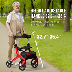 Folding Rollator Walker for Seniors and Adults, Lightweight Aluminum Rolling Walker with Seat and Adjustable Handle, 4-Wheel Outdoor Mobility Walker with Spacious Storage Bag, 300LBS Capacity