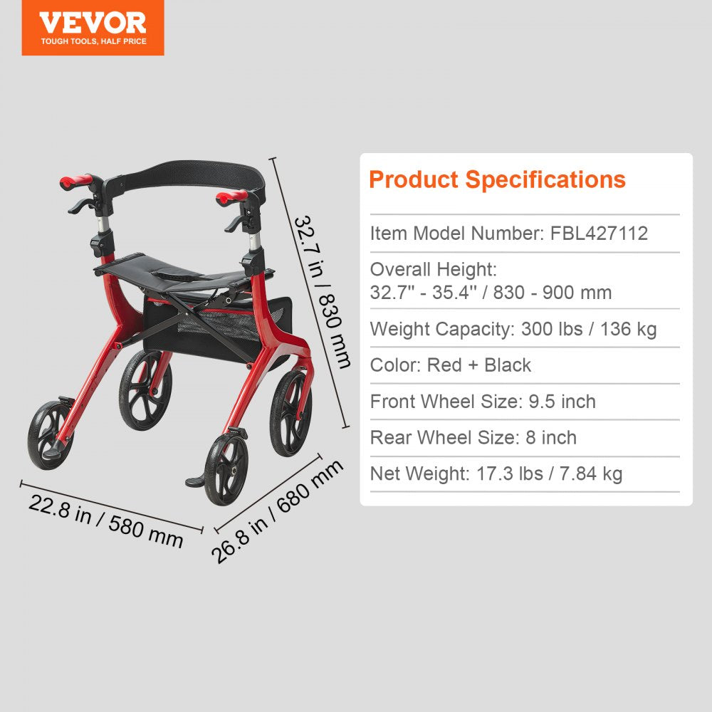 Folding Rollator Walker for Seniors and Adults, Lightweight Aluminum Rolling Walker with Seat and Adjustable Handle, 4-Wheel Outdoor Mobility Walker with Spacious Storage Bag, 300LBS Capacity