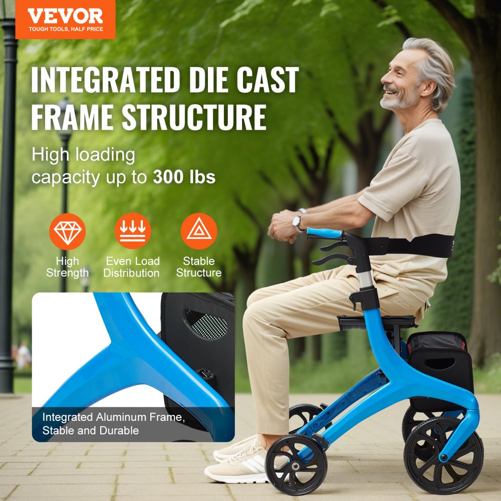 Folding Rollator Walker for Seniors and Adults, Lightweight Aluminum Rolling Walker with Seat and Adjustable Handle, 4-Wheel Outdoor Mobility Walker with Spacious Storage Bag, 300LBS Capacity