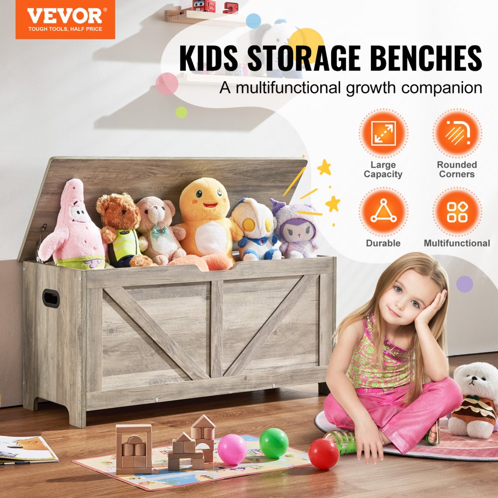 Wooden Toy Chest for Kids, Toddler Toy Storage Box with Flip-Top Lid and Safety Hinge, 38.98 x 15.55 x 18.9 Large Kids Storage Bench for Playroom, Bedroom, Living Room or Entryway, Gray